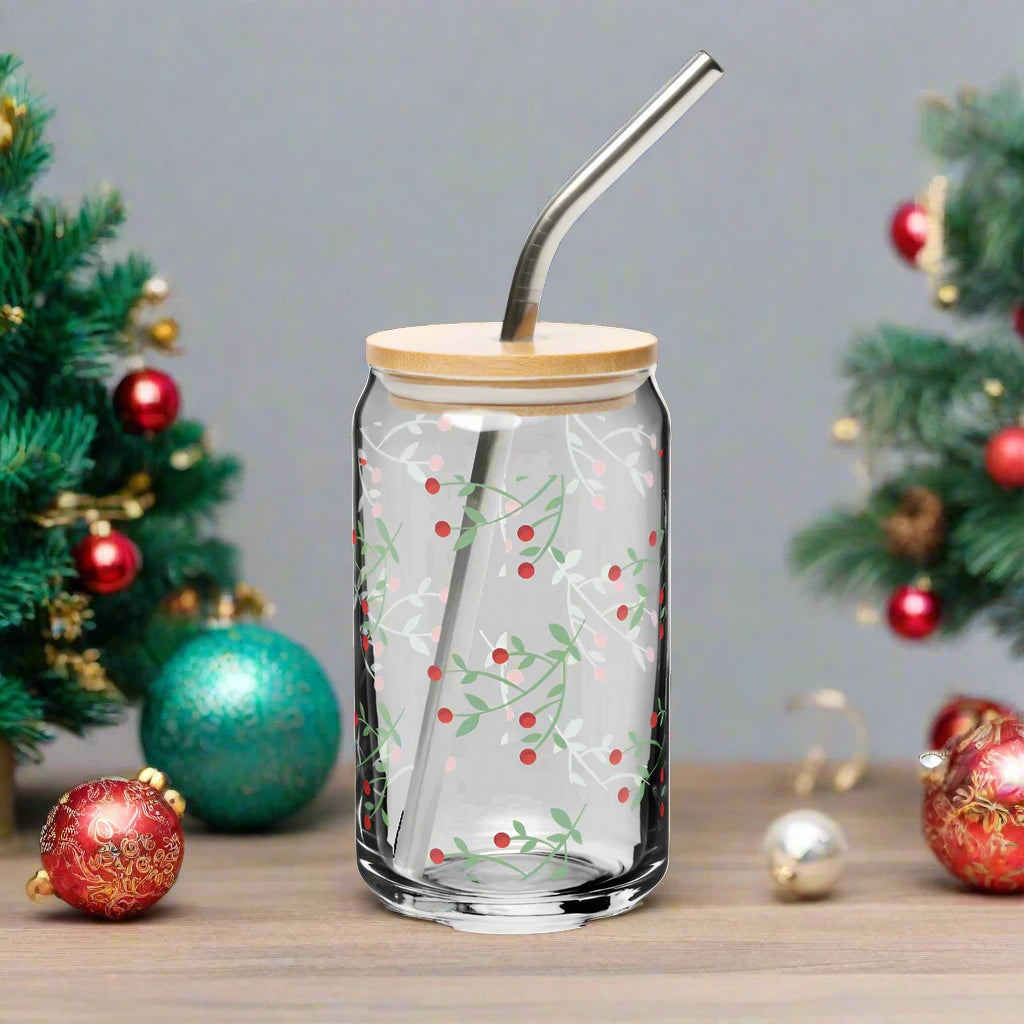 16oz Holiday Glass Tumbler with Wood Lid & Straw – Festive Holly Leaves Design