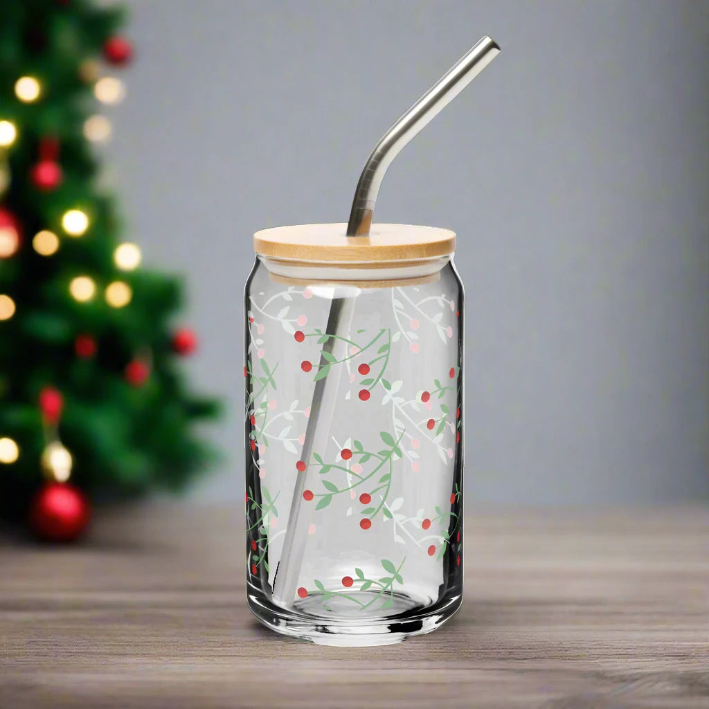 16oz Holiday Glass Tumbler with Wood Lid & Straw – Festive Holly Leaves Design