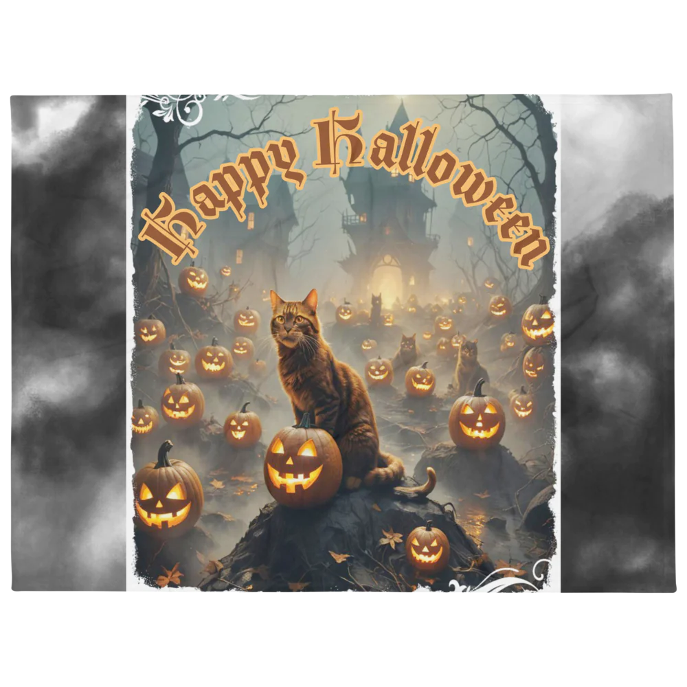 Spooky Cat & Jack-O’-Lantern Halloween Throw Blanket |Cozy Up with Creepy Vibes