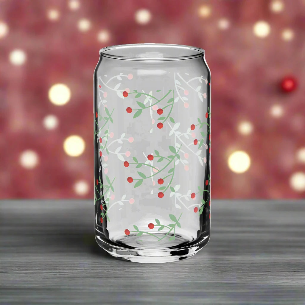 16oz Holiday Glass Tumbler with Wood Lid & Straw – Festive Holly Leaves Design