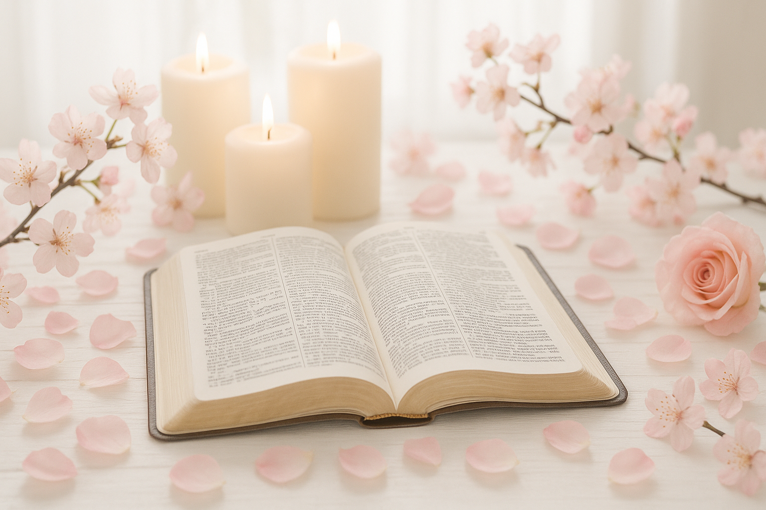 make it lighter with the candles, pink flowers, and bible on table