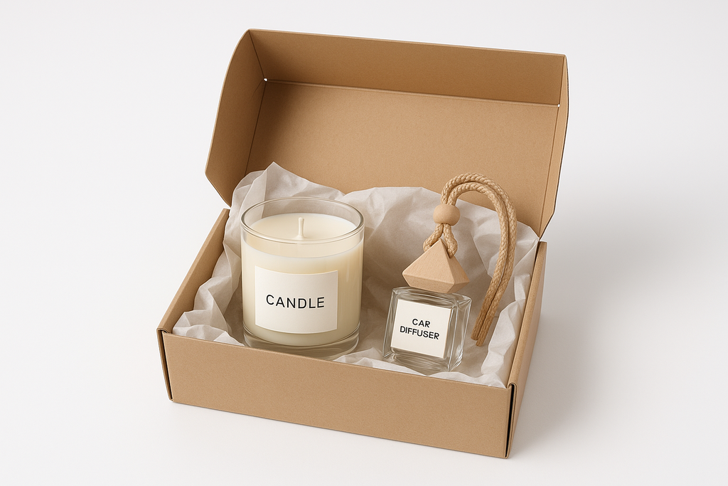 one candle and car diffuser in a box