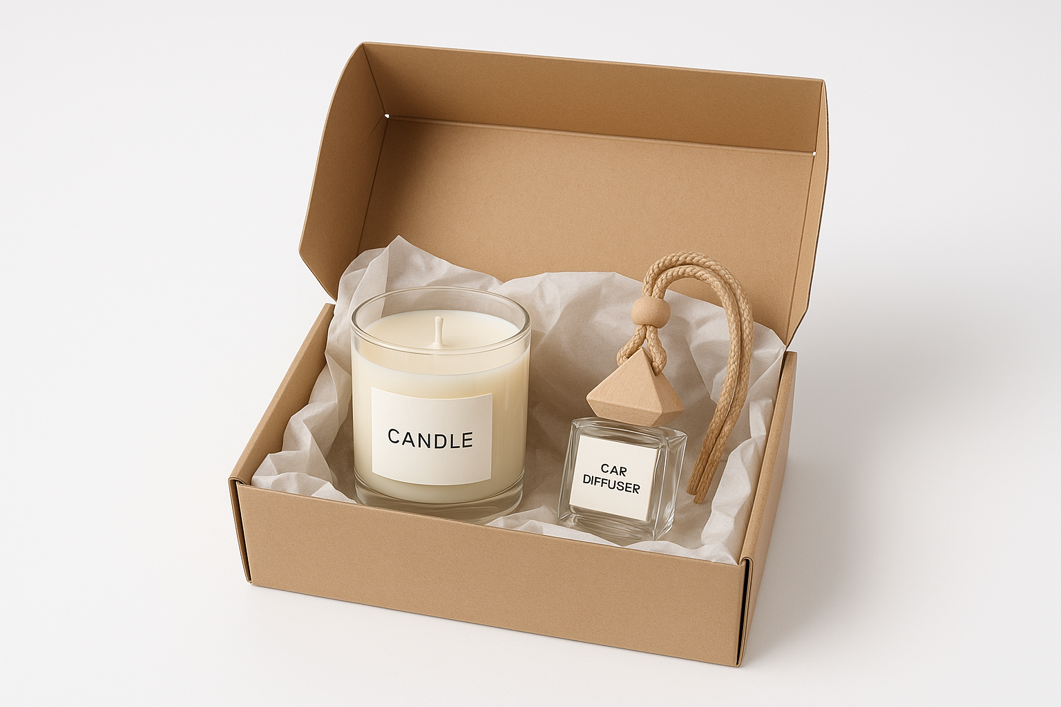 one candle and car diffuser in a box