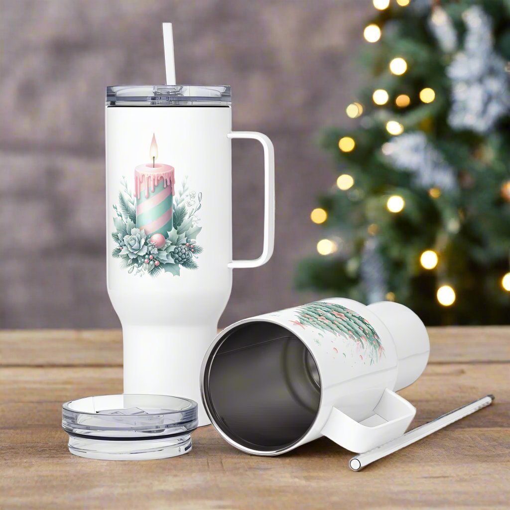 Festive Pastel Christmas Tree & Candle Travel Mug - Stainless Steel, 40 oz, Spill-Proof Lid - Cup, Beverage