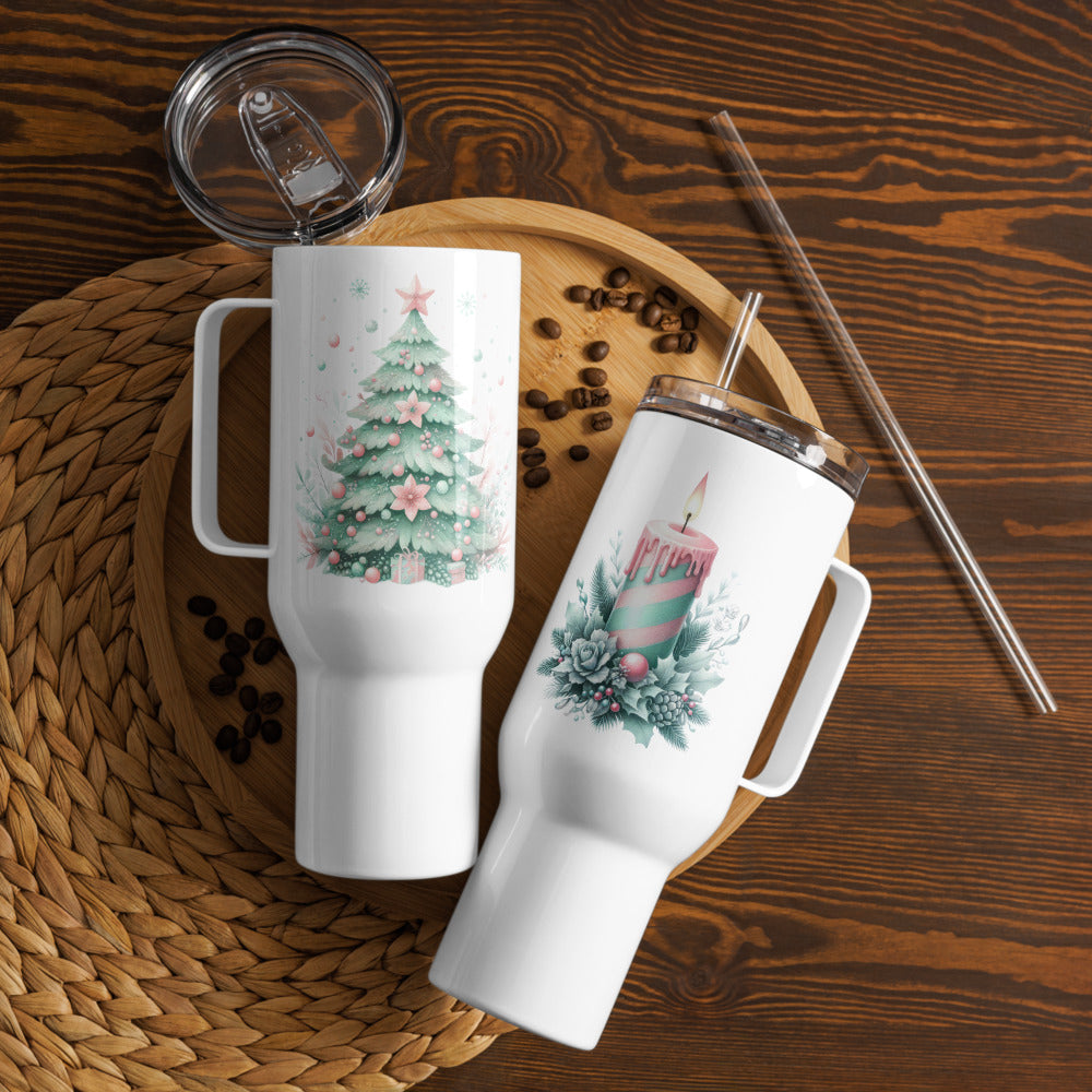 Festive Pastel Christmas Tree & Candle Travel Mug - Stainless Steel, 40 oz, Spill-Proof Lid - Cup, Beverage