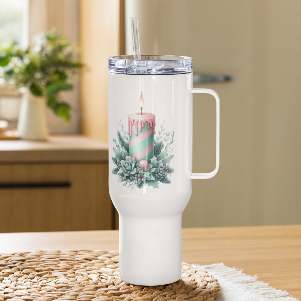 Festive Pastel Christmas Tree & Candle Travel Mug - Stainless Steel, 40 oz, Spill-Proof Lid - Cup, Beverage