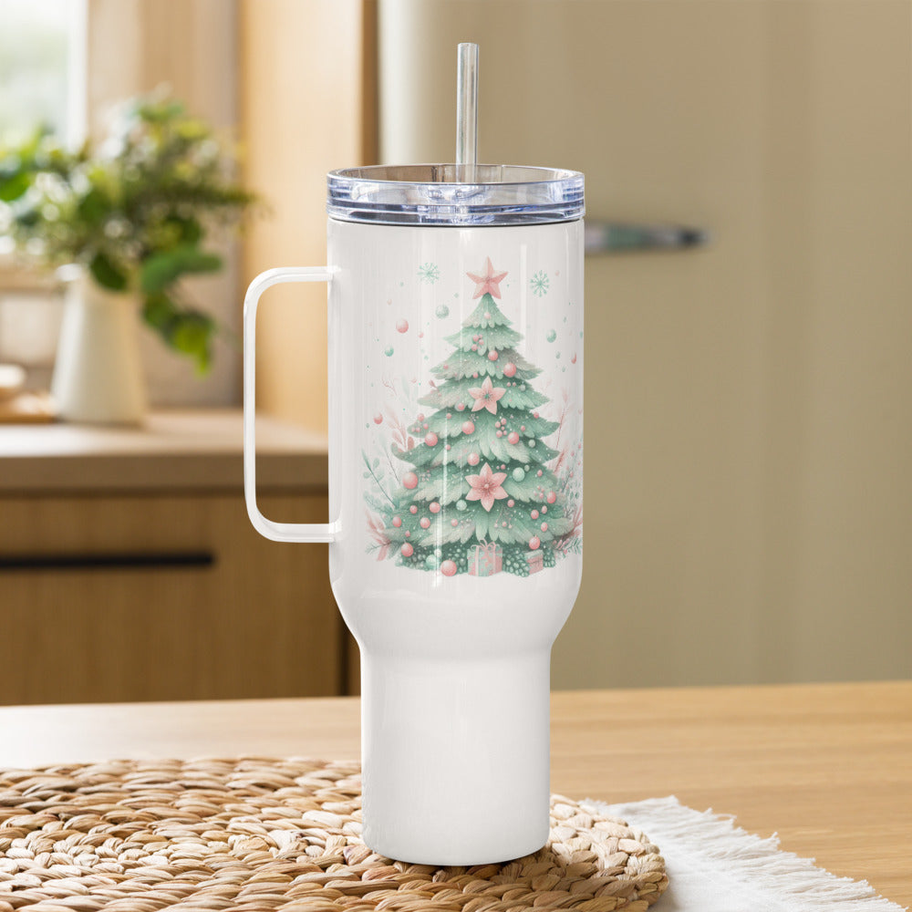 Festive Pastel Christmas Tree & Candle Travel Mug - Stainless Steel, 40 oz, Spill-Proof Lid - Cup, Beverage