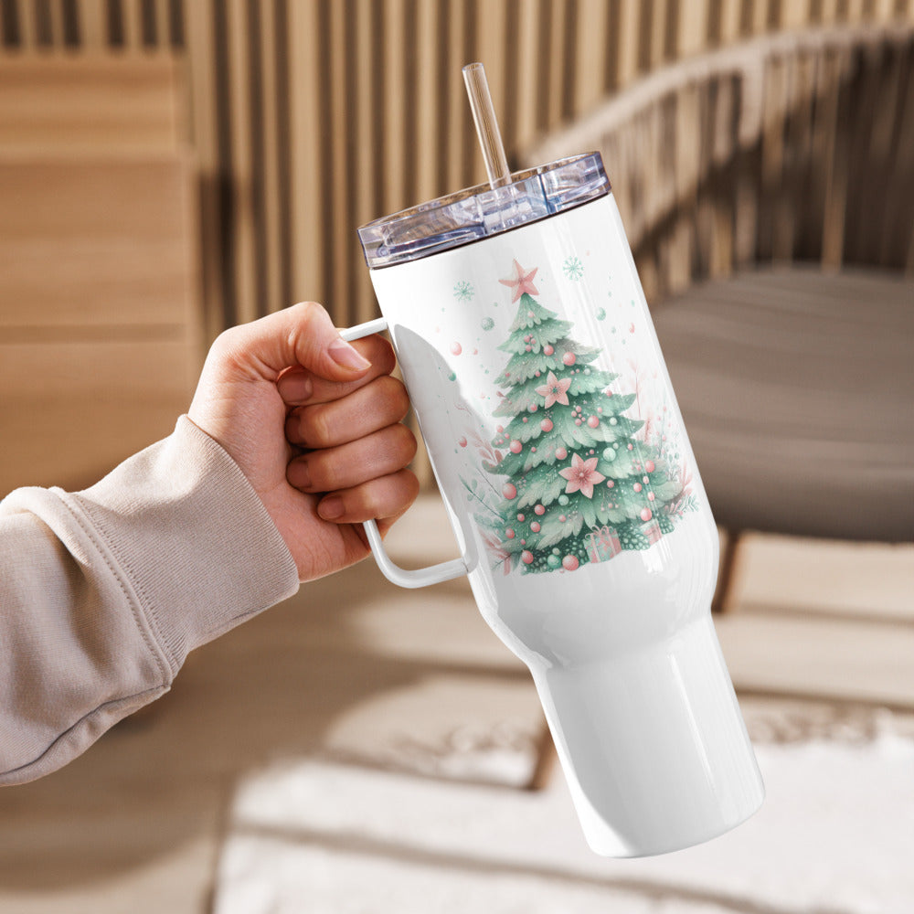 Festive Pastel Christmas Tree & Candle Travel Mug - Stainless Steel, 40 oz, Spill-Proof Lid - Cup, Beverage