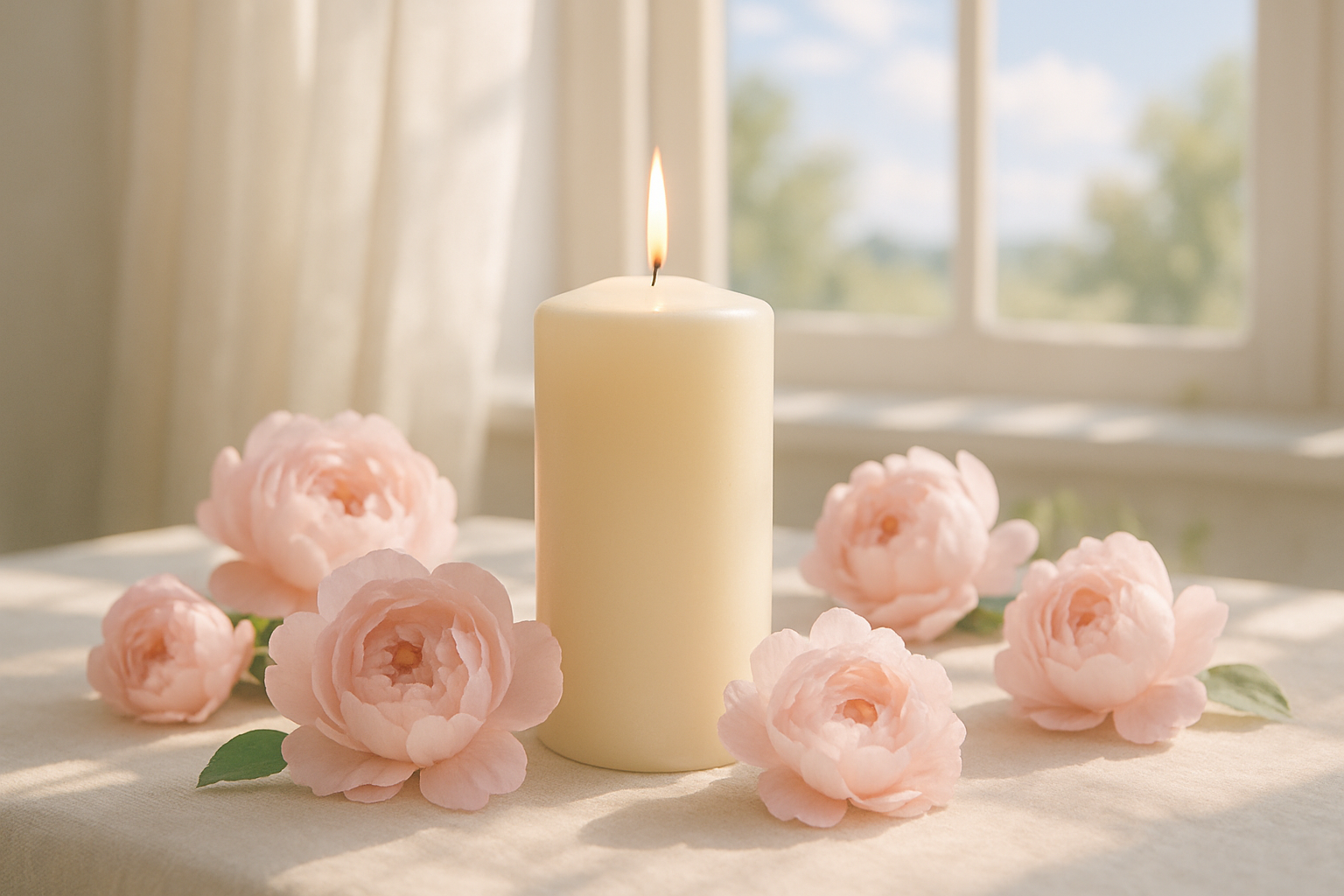white candle with pink flowers around it with a light atmoshphere and see a window outside to a beautiful day on a light colored table or cloth 